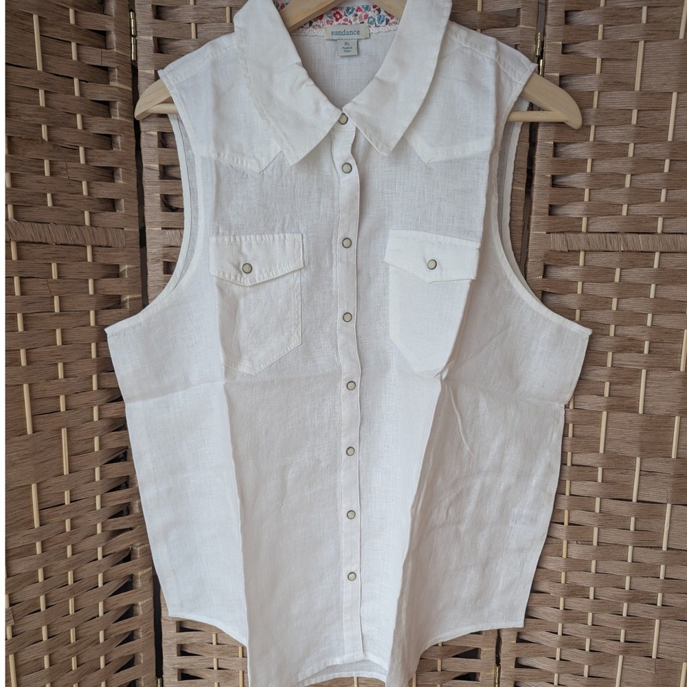 Sundance‎ Manitou Sleeveless White Linen Western Pearl Snap Top Shirt Sz XL
